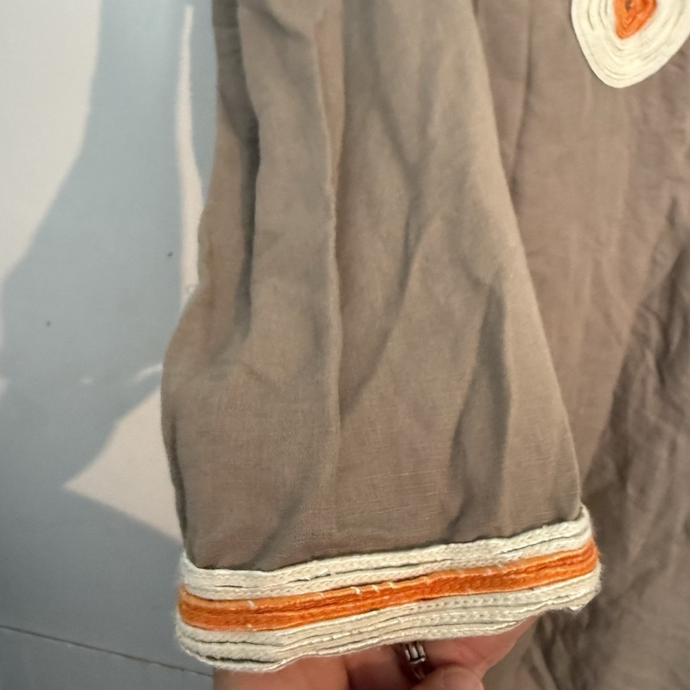 Lucky Brand Linen Dress Small Boho Tunic Taupe Embroidered V Neck Beach Resort - Picture 3 of 5